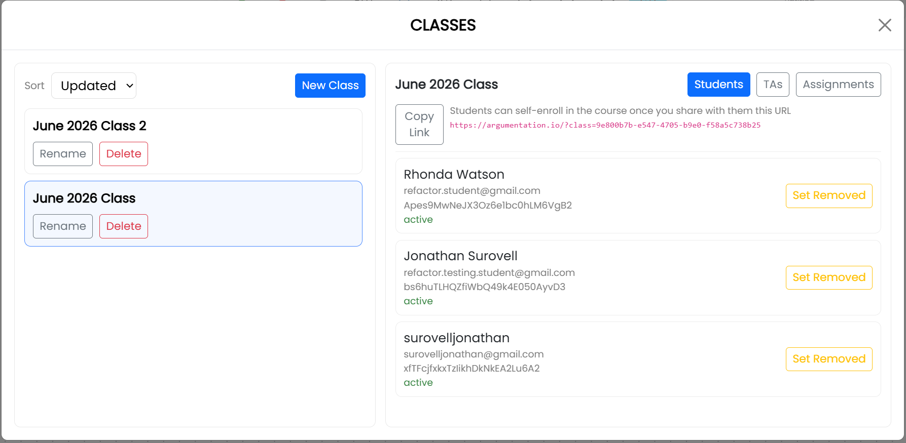 The Classes window with a selected class, its enrollment link, and the Students tab showing enrolled students.