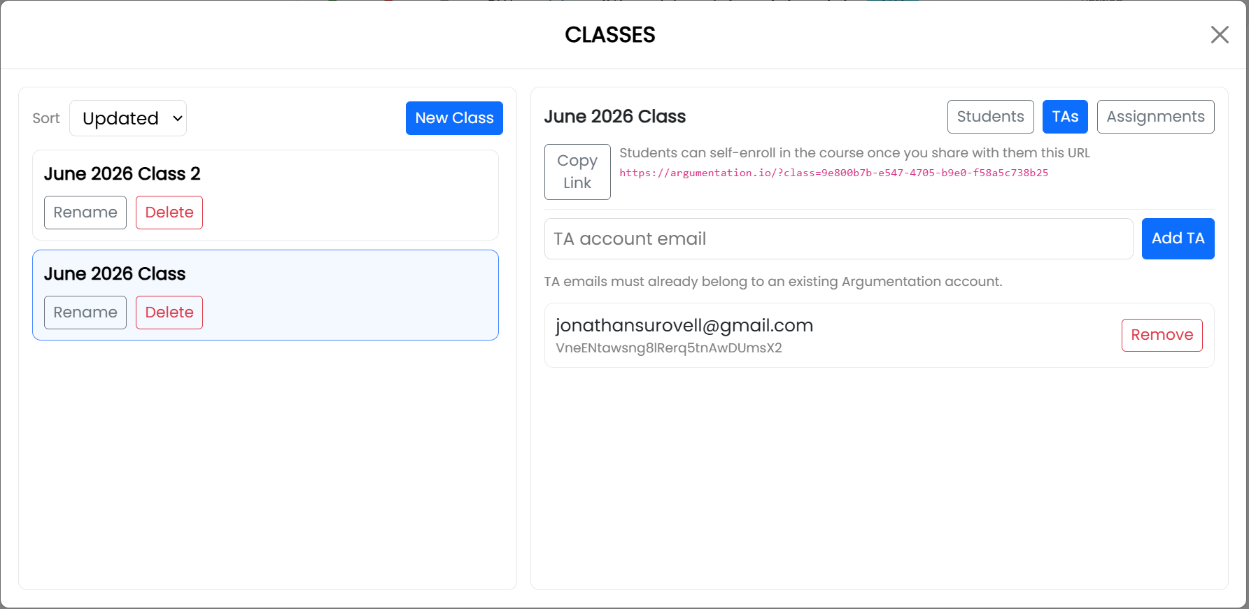 The TAs tab of the Classes window, with a field for a TA account email, an Add TA button, and one TA in the list.