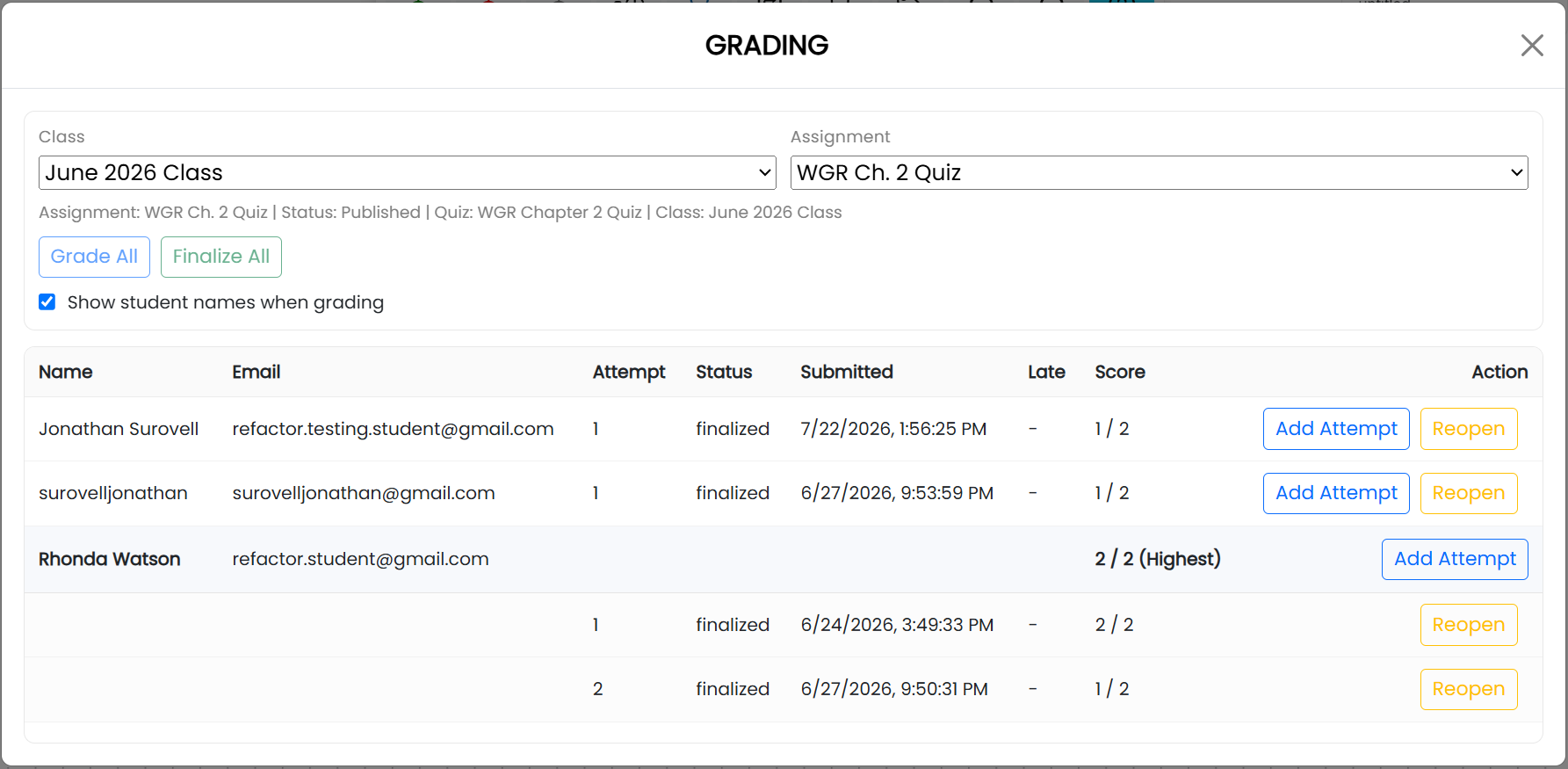 The Grading window for a class assignment, showing three students, multiple attempts, scores, and the Grade All, Finalize All, Add Attempt, and Reopen controls.