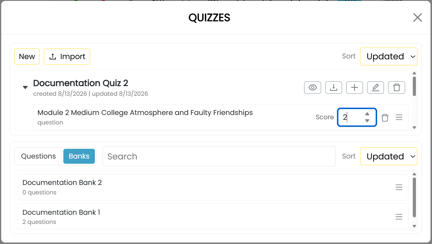 The Quizzes window with a quiz expanded, a question's Score control outlined in blue, and the Banks tab selected below.