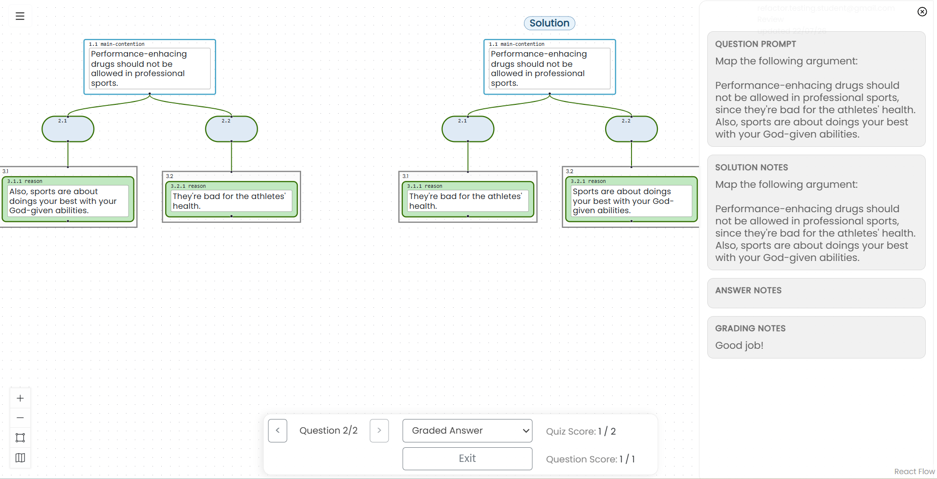 Review mode showing a student's graded answer beside the solution, with question, solution, answer, and grading notes in the panel on the right.