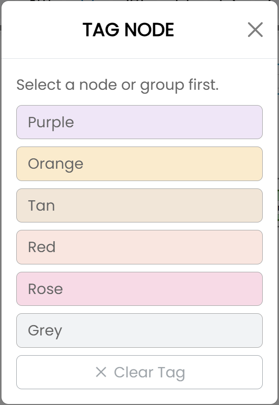 The Tag Node window, with purple, orange, tan, red, rose, and grey options and a Clear Tag command.