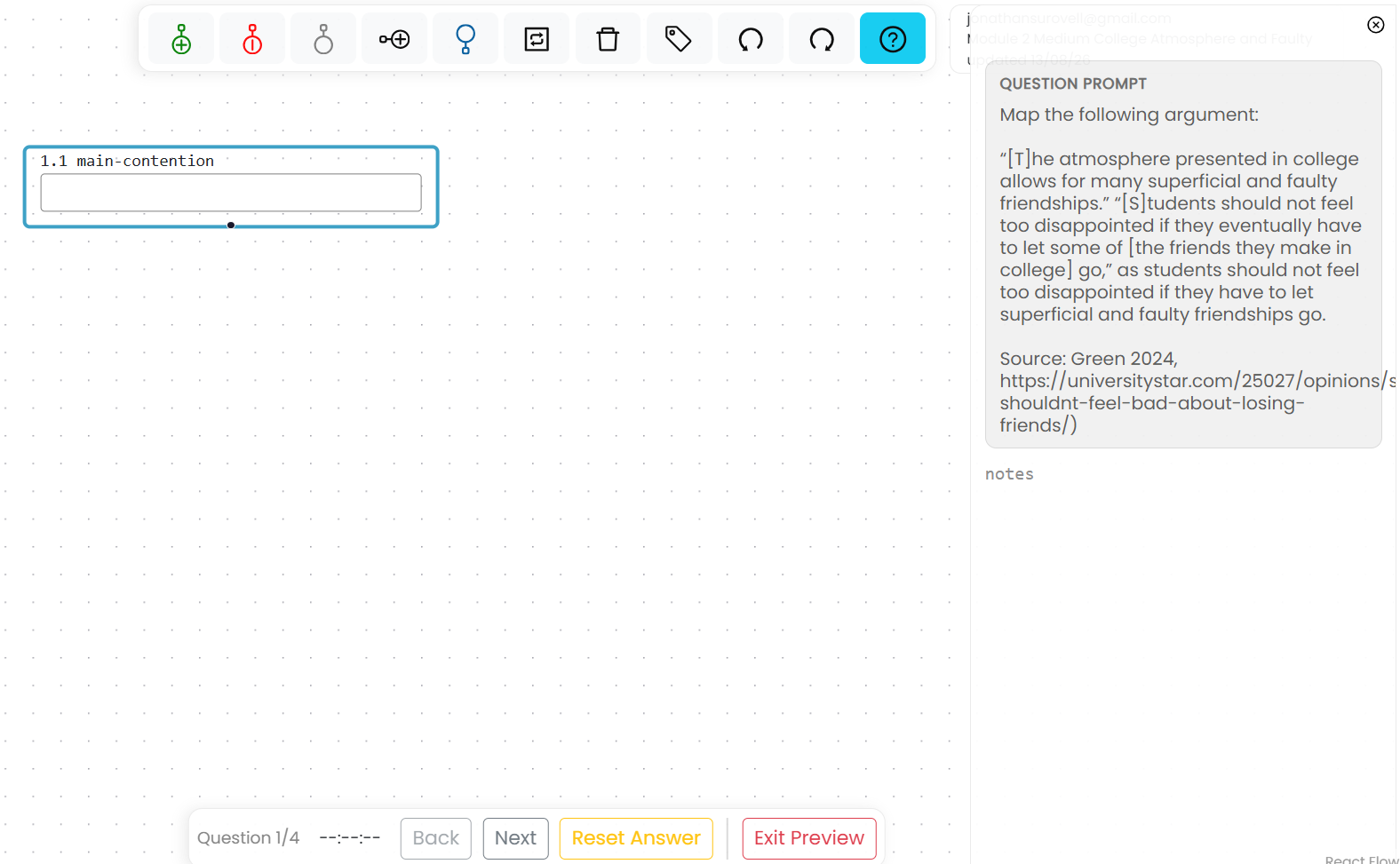 An assignment question with an empty map on the canvas, the question prompt in the Scratchpad, and the assignment toolbar at the bottom of the workspace.