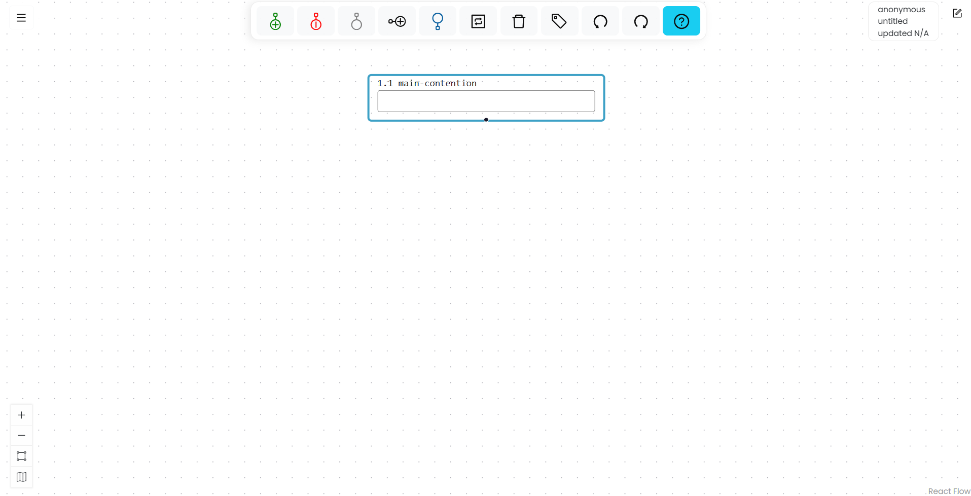 A blank Argumentation.io workspace. The Main Menu is in the upper-left corner, the toolbar is centered at the top, the information panel is in the upper-right corner, and the View Panel is in the lower-left corner.